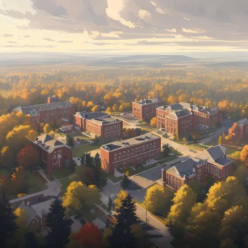 Prompt: bird's eye view of a beautiful painting of a small, sleepy New England town' High School Campus, by greg rutkowski, trending on artstation