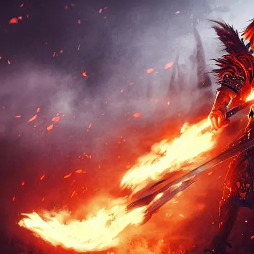 Prompt: warrior man, epic, fire background, dark fantasy, pose, smokey background, 8k, fur armor, full body, vibrant, high detail, cinematic, fire embers, battle, mountain, gritty, leather armor, bloody, long hair.