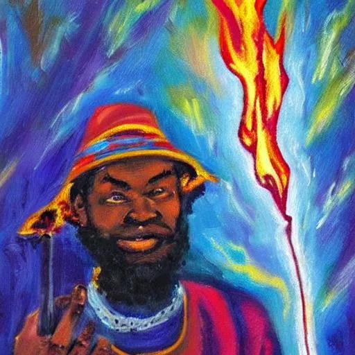 Prompt: impressionist painting of an African wizard shooting a beam of fire out of his finger