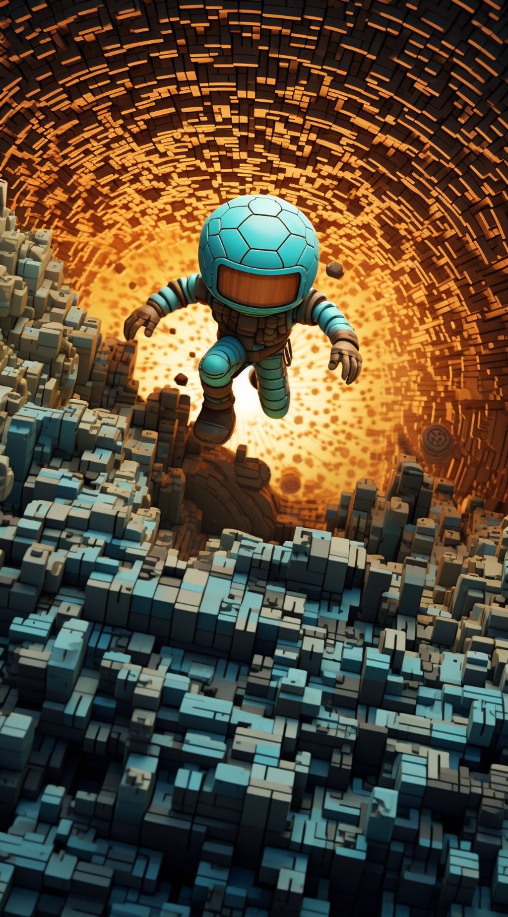 Prompt: a small cartoon character flying over the sky while moving around in a sphere of bricks, in the style of dan mumford, pointillist dotted textures, neo-geo, plush doll art, bronze and blue, emotionally-charged brushstrokes, close-up intensity