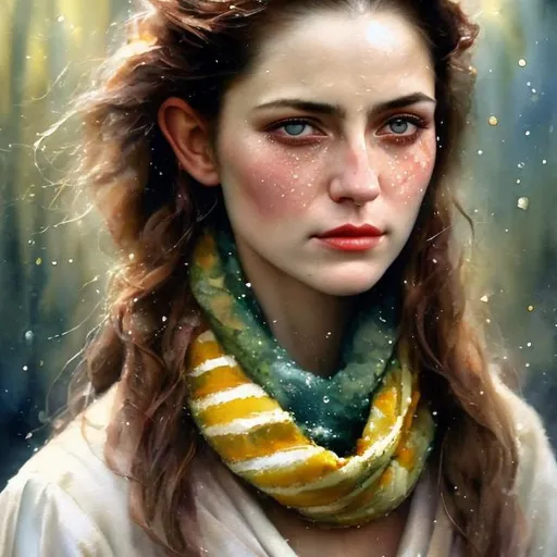 Prompt: Watercolor portrait of a beautiful woman's face, sad, tears drop from one eye. The woman wears a pale yellow striped scarf. Masterpiece, quick brush strokes, dark background. Elf ears, very long incisive teeths. Thomas Kincade style.