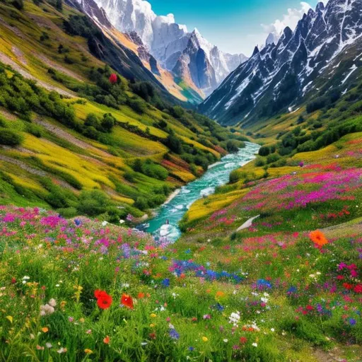 Prompt: Imagine a landscape that is filled with lush greenery and vibrant colours. A valley with a river  filled with wildflowers on both sides of the river and surrounded by snow-capped mountains. The contrast between the colourful flowers and the white mountains was breathtaking.
