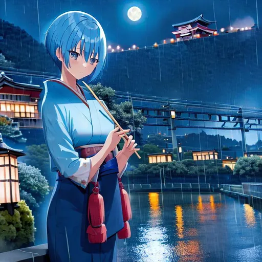 Prompt: Girl with blue hair , night, moon, anime, city, train, landscape photography, rain, blue, rill, japan, spirit away, short hair , noodles 