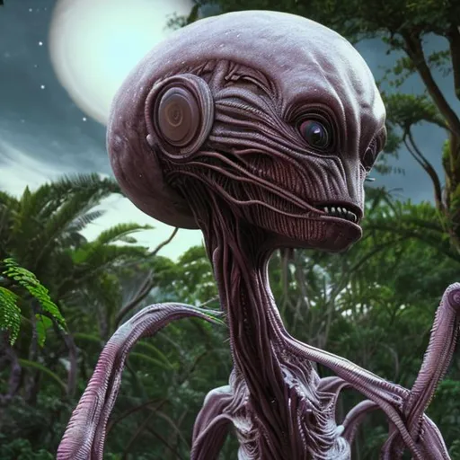 Prompt: Create an alien with long neck and limbs in a planet with a group of beats ultra realistic 3D image creepy alien weird shape lonely environment creature plants 
