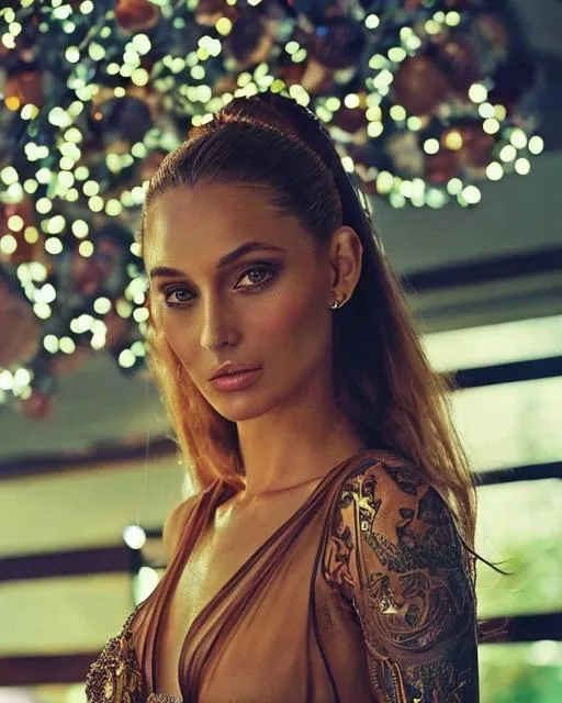 Prompt: Social media photo of a female elf, turkish Ethiopian ethnicity, sitting in a space age casino, designer clothes, low cut blouse, sheer chiffon blouse, detailed background, detailed face, strong bronze accent, lifelike, photorealistic, sharp focus, natural lighting, tattoos, depth of field, elegant, beautiful, intricate details, matte, medium shot, sophie turner, elizabeth taylor, render by adam martinakis and Jeremy Lipking and Gustave Moreau and Alfons Mucha and Greg rutkowski