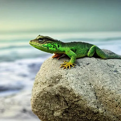 Prompt: a calm, small green lizard sat on a small rock gazing into the sunset that rested on the swaying waves