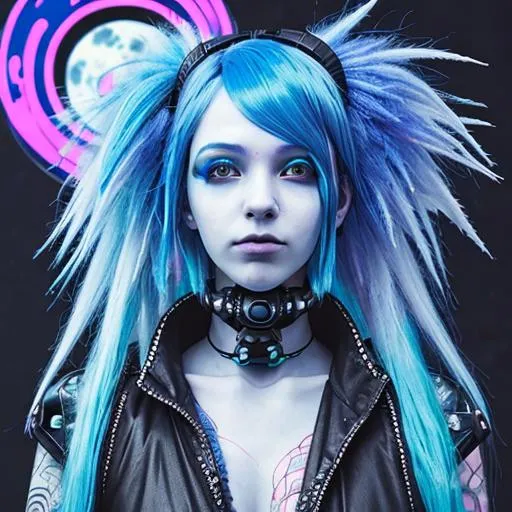 Prompt: Blue haired cyberpunk girl, otherworldly vibes, cosmic sky 