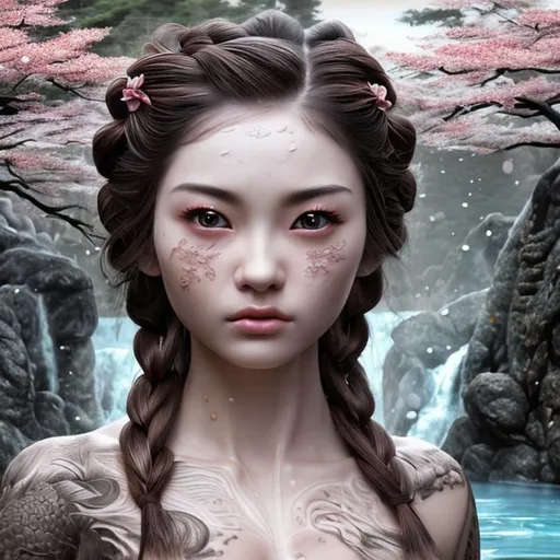 Prompt: (masterpiece) (very sharp) (4K UHD) (best quality) (hyper realistic).  Woman into japanese hot springs, extremely detailed face, extremely detailed eyes, absolutely real, extremely detailed hair, dragon braid hairstyle, 3D illustration, extremely detailed lips, extraordinary beauty, cherry blossom background, waterfall background, extremely detailed tattoo art.