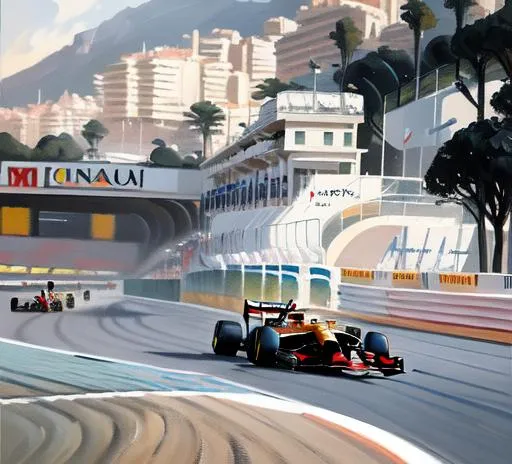 Prompt: stunning oil painting of a Formula One Car driving on racing circuit in monaco, sunset, retrofuturism poster style, inspired by Vincent Guerra, dynamic lighting, modern formula one car with 