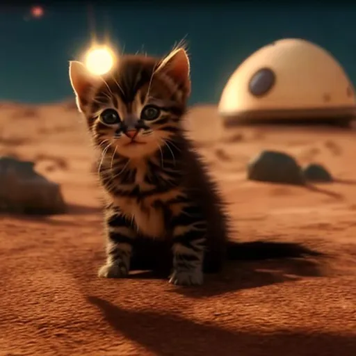 Prompt: kitten alone on mars with a space helmet on his head