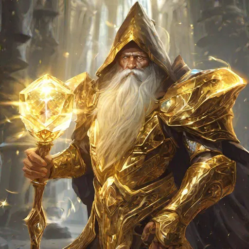Prompt: Legendary wizard wearing glowing golden armor holding a magic crystal staff