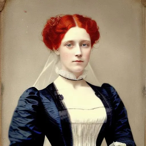 Prompt: portrait of a beautiful Victorian woman with red hair and dark blue eyes wearing a wedding gown