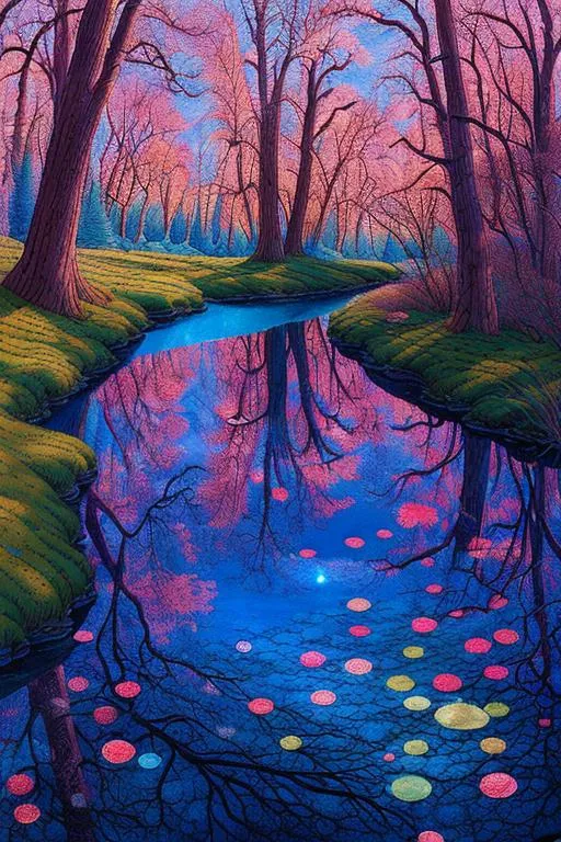 Prompt: magical river that takes you to wonderland in the style of Esao Andrews, Ivan Bilibin, Catrin Welz-Stein, Daniel Merriam, Jacek Yerka, Megan duncanson, Michelangelo. Reflective light. Dreamy. highly detailed, extremely detailed, intricate, very attractive, high detail, wallpaper, award winning, fantastic view, high definition, crisp quality, colourful, hdr, VRay