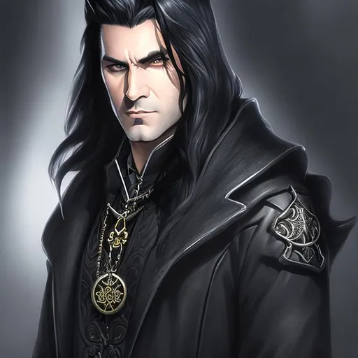Prompt: Drawing, Portrait, shadowrun, male priest wizard, long black hair, coat, cross talisman, (raven on shoulder:1.5), very detailed raven