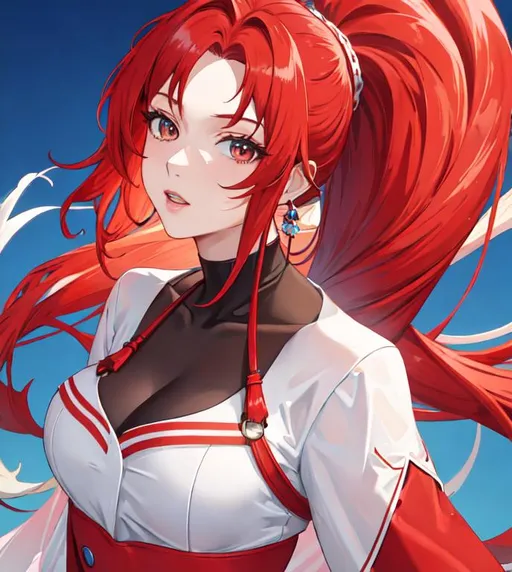 Prompt: Haley as a horse girl with bright red hair pulled back, casual wear, UHD, highly detailed