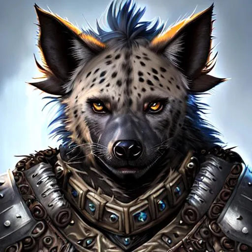 Prompt: detailed fantasy concept art of a large Doctor hyena in leather armor , traditional fantasy realism, anthro, animal portrait, highly detailed eyes, white facepaint, black eyeshadow, whiskers, furry ears, gnoll, intimidating, glowering, centered, blue background, setting:coast,