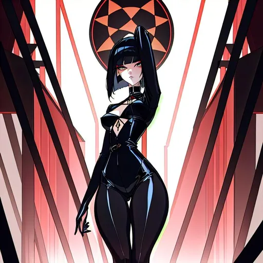 Prompt: a lonely AI girl, very tall, thick thighs, wide hips, long legs, slender arms, slender waist, big beautiful symmetrical eyes, intriguingly beautiful face, aloof expression, bob haircut with bangs, wearing Gothic Horrorpunk fashion clothes, high fashion, 12K resolution, hyper quality, hyper-detailed, hyper-realistic, hyper-professional