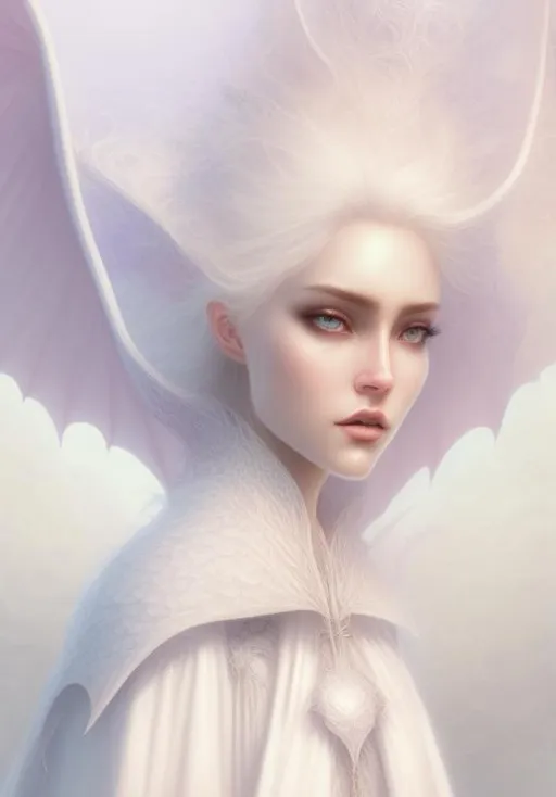 Prompt: beautiful white dragon queen, pearlescent white skin, stunning symmetrical  beautiful face, violet iridescent eyes, popped up colar cape made of dragon iridescent white scales art by greg rutkowski, sung choi, artgerm, pino daeni, karol bak, cushart, wlop, craig mullins, hyperdetailed, perfect composition, super clear definition, unreal engine, dramatic makeup, silver shining silky white hair