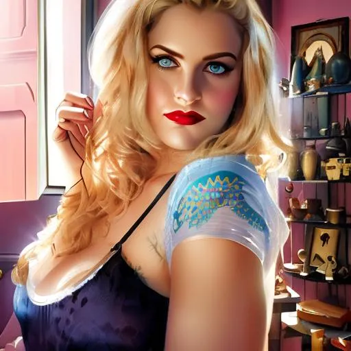 Prompt: Pin-up, (((hyperrealistic))), (((feet and head visible))), with turbulent blonde hair, blue eyes are drop shaped and slanted, exagerated wide hips, exagerated well endowed, wears a (((translucent negligee))), pearl necklace, hands placed on both sides of a doorframe, by Andrew Adroschenko, Josephine Wall,  Android Jones , makoto shinkai 