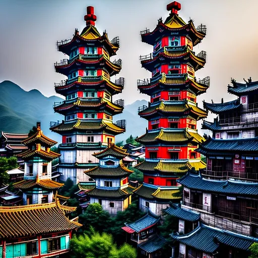 Prompt: In a rustic Chinese town, a cleverly disguised cellphone tower takes the form of a pagoda. Its roof corners and eaves are adorned with abundant telecommunications equipment, seamlessly blending into the surroundings. While harmoniously camouflaged, the tower still retains its identity as a cellphone tower. The camera, attuned to capturing this intriguing sight, employs a wide-angle lens to encompass the tower and its surroundings. Inspired by the works of contemporary photographers like Fan Ho and Edward Burtynsky, this image showcases the art of blending technology with cultural heritage.