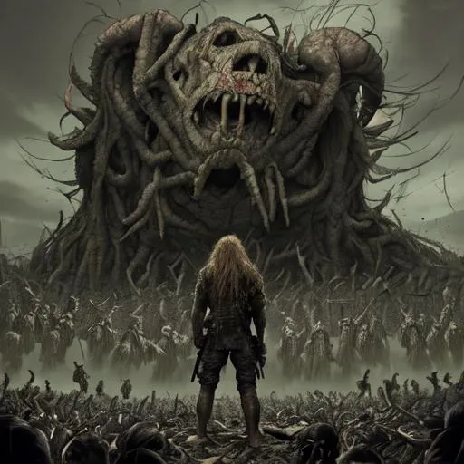 Wounded Monster One man watching an army of monsters, wounded, long...