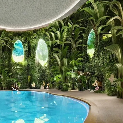 Prompt: Indoor pool, overgrown, golden columns, plants and greenery, ocean cave, moon pool, coral reef, tall ceilings, multiple stories, golden light