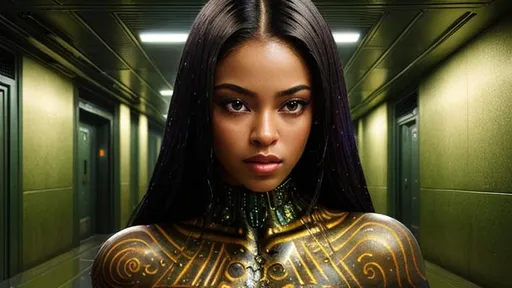 Prompt: Please Create a masterpiece photograph of  a beautiful female alien humanoid fully clothed.
 with a damp and steamy highly detailed spaceship corridor in the background, sci-fi, flickering halogen lamps, muted dark colors, high dynamic range, aggressive pose, sultry, looks like Aaliyah R&B singer, full body, perfect face, detailed face, perfect body, alien tattoos, scars, complex details, highly detailed body, highly detailed skin, highly detailed face, reflective textures, wet skin, dripping water, photorealistic, masterpiece, hyperrealism, analog style, 8K UHD, RAW, octan render, concept art, professionally color graded, muted LUT, HR Giger, Hans Ruedi Giger, by Aaron Horkey and Jeremy Mann