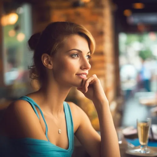 Prompt: Beautiful woman looking out the window of a restaurant