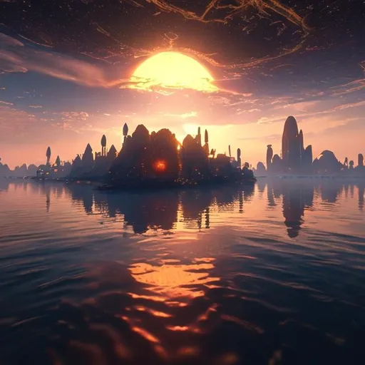 Prompt: sunrise on water world with floating city