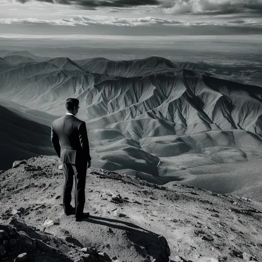 Prompt: A man in a suit standing atop a mountain looking a a baron grey landscape, intense photo