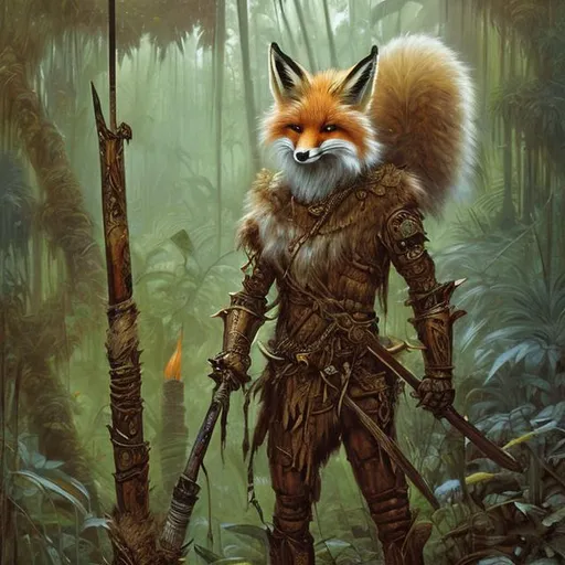 Prompt: Portrait painting, fox-like humanoid warrior with spear and fur armor, in the jungle, dull colors, danger, fantasy art, by Hiro Isono, by Luigi Spano, by John Stephens