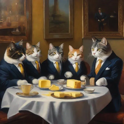 Prompt: breathtaking oil painting of a cats in suits sitting around a table eating butter and discussing business. Exquisite Detail Everything is perfectly to scale, Aesthetically Brilliant with a warm ambience HD, UHD, 8k Resolution, Vibrant Colorful Award winning 