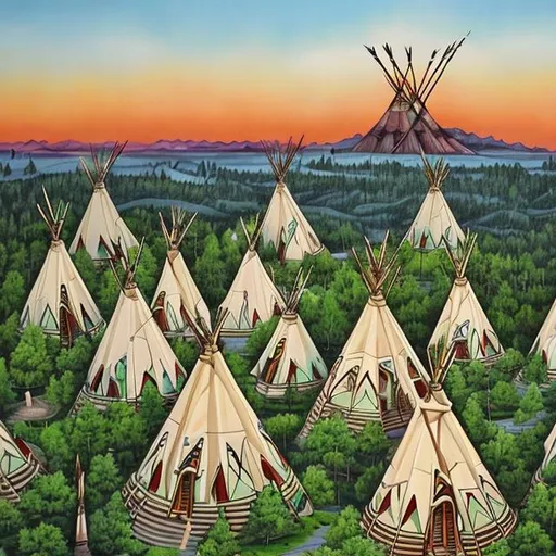 Prompt: A painting of a Native American teepee city urban forestation bird view 