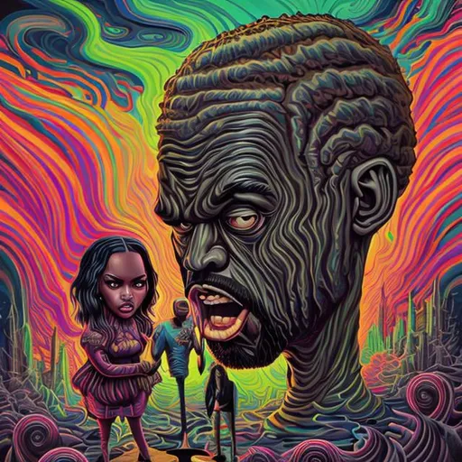 Prompt: Hypnotic distorded illustration of angry and mean monster kanye west holding kim Kardashian head in NYC, hypnotic psychedelic art, pop surrealism, dark glow bright paint, mystical, Behance