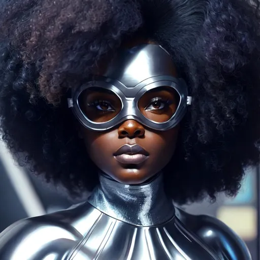 Prompt: Solomon Sam. A real-life superhero. BEautiful. Streetwise. We see her thick afro hair. We see her nose and her lips. She wears a silver domino mask. 