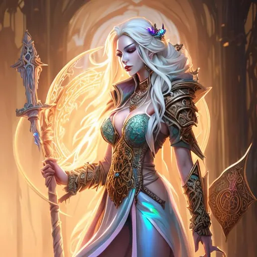 Prompt: Full body splash art of a female undead zombie lich sorceress, very long dirty blonde hair, wearing long light-colored iridescent pastel robes, carrying a wooden staff, D&D, fantasy, intricate, highly detailed, sharp focus, digital painting, artstation, concept art, 4k, 8k