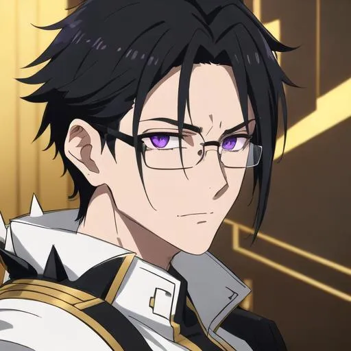 Prompt: Male (short spiky black hair with long white fringes) (Purple eyes) (gold framed eyeglasses with a gold color), UHD, 8K, highly detailed, insane detail