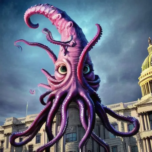 Prompt: Giant alien king squidapus with razor tentacles insurrecting the capital building on January 6th giant evil detailed tentacles eating monster Nancy pelosi
