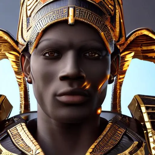Prompt: low-angle close up portrait of dark melanin Egyptian man wearing a extremely detailed warrior armor, glossy black porcelain +carbon-fiber scales + angel wings, beautiful lighting, cables, ultra realistic, Unreal Engine 5, realistic CGI, cover, sfx, vfx, fog, cinematic, 32k