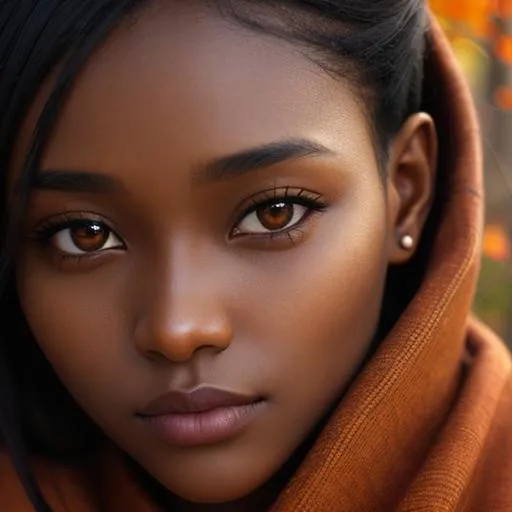Prompt: Woman with dark skin, warm autumn colors, facial closeup
