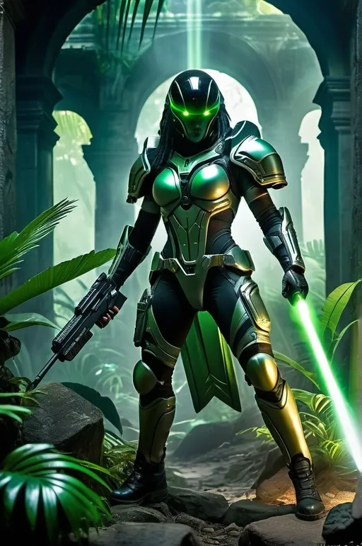 Prompt: Alien jungle warrior, black & green alloy shell, black gloves, black boots, glowing gold eyes, high-tech laser pistol, steamy jungle scene, shadowy & mysterious setting, ancient stone ruins, cinematic, high-res, photo, mysterious lighting, detailed metallic textures, futuristic, sci-fi, intense gaze, alien environment, professional photography