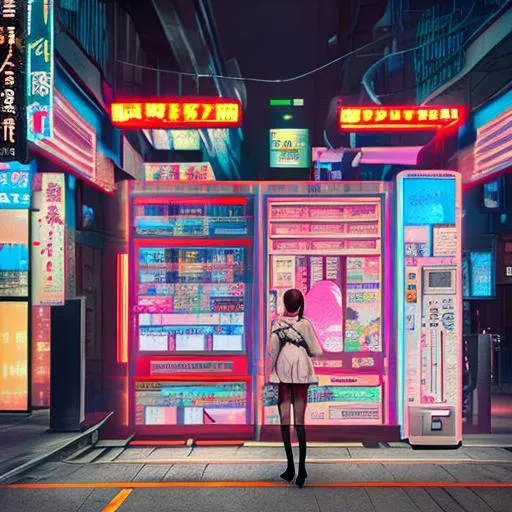 Prompt: japanese girl walking on cyberpunk tokio, street with vending machine, neon, detailed, 8k, high resolution