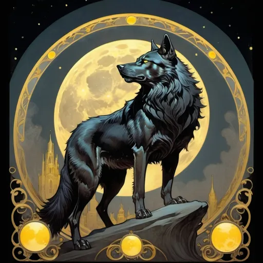 Prompt: huge black wolf with yellow glowing eyes, full moon in the background