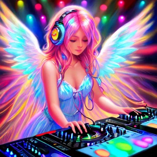 Prompt: Highly detailed shot soft lighting pastel painting of an alluring angel with wings DJing flowing colorful hair on stage with shimmering lights.