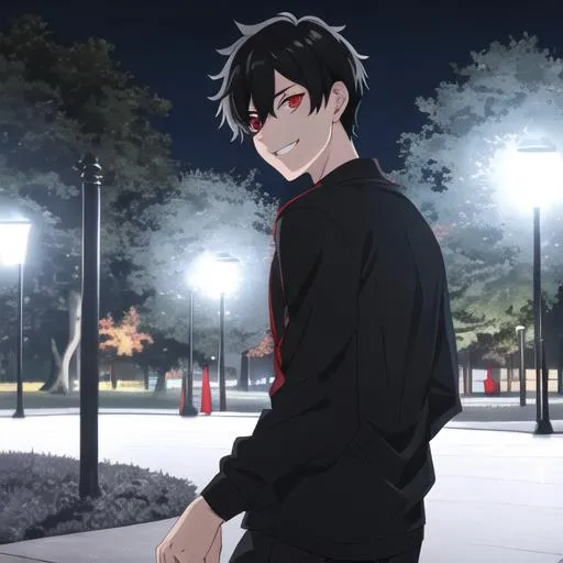 Prompt: Damien (male, short black hair, red eyes) in the park at night, grinning sadistically, casual outfit, dark out, nighttime