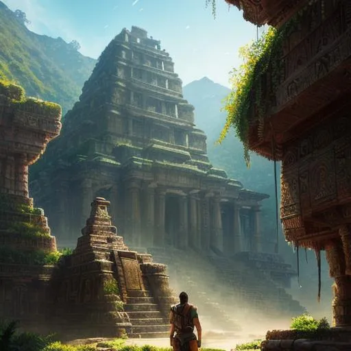 Prompt: lost city in Himalay's, explorer in foreground, cinematic lighting, highly detailed, digital painting, artstation smooth, sharp focus, art style Adventure Magazine