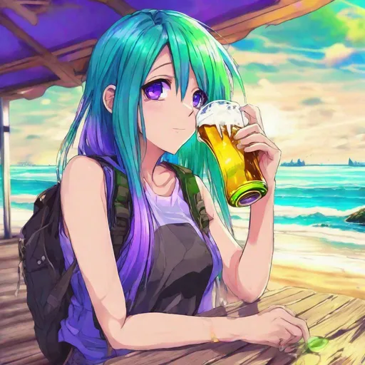 Prompt: Anime style, girl drinking beer, beach, vivid, hdr, blue eye, purple and touch green hair