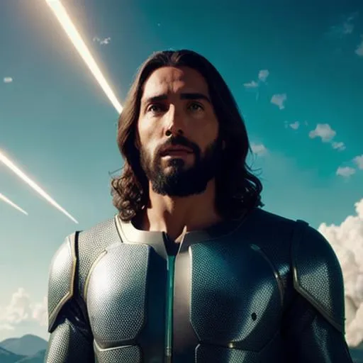 Prompt: Ultrarealistic 8k Portrait of futuristic Jesus coming back to earth floating and talking to the human popultion with aliens space craft Unreal Engine