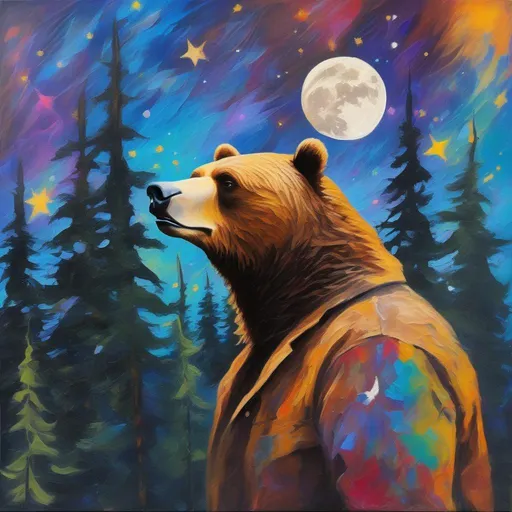 Prompt: A profile beautiful and colourful picture of a handsome man with brunette hair and a mustach, is surrounded by Sitka Spruce trees, a brown bear, and a goose in flight, framed by the moon and constellations, in an impressionistic colourful acrylic palette knife style.