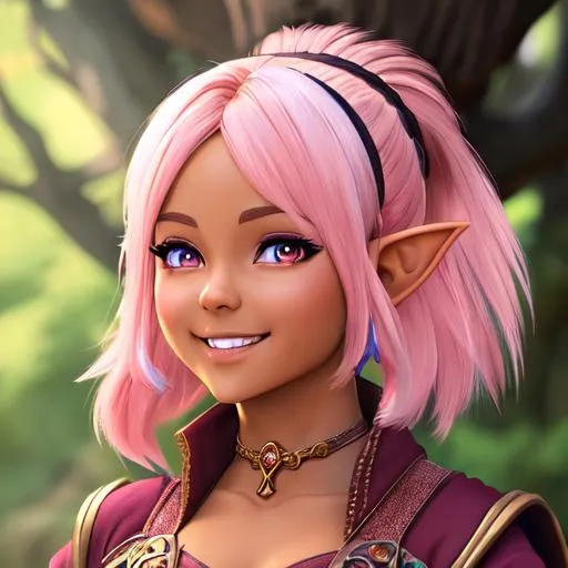 Prompt: oil painting, D&D fantasy, tanned-skinned-gnome girl, tanned-skinned-female, short, beautiful, short bright pink hair, pigtail cut hair, smiling, pointed ears, looking at the viewer, Wizard wearing intricate wizard outfit, #3238, UHD, hd , 8k eyes, detailed face, big anime dreamy eyes, 8k eyes, intricate details, insanely detailed, masterpiece, cinematic lighting, 8k, complementary colors, golden ratio, octane render, volumetric lighting, unreal 5, artwork, concept art, cover, top model, light on hair colorful glamourous hyperdetailed medieval city background, intricate hyperdetailed breathtaking colorful glamorous scenic view landscape, ultra-fine details, hyper-focused, deep colors, dramatic lighting, ambient lighting god rays, flowers, garden | by sakimi chan, artgerm, wlop, pixiv, tumblr, instagram, deviantart